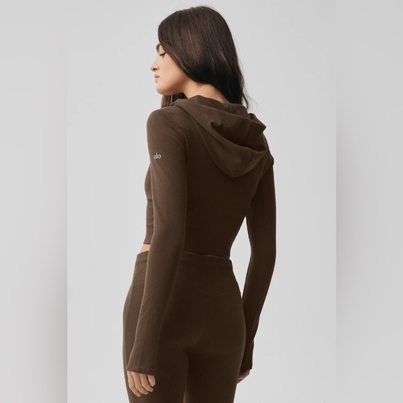 Alo Cropped Zip Hoodie — Espresso Brown - Picture 8 of 9